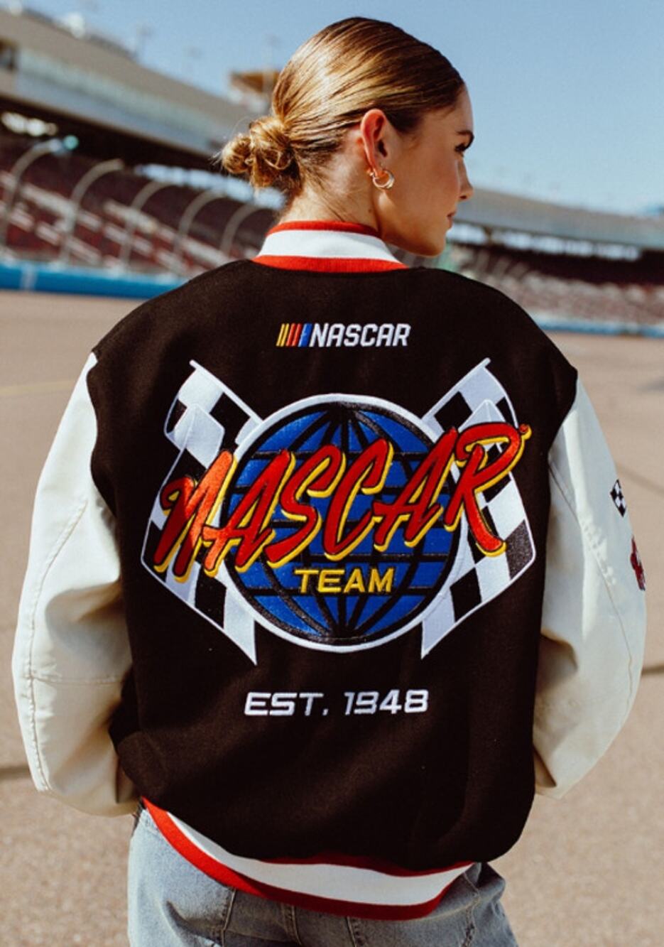 Tillys NASCAR Racing Since '48 Varsity Jacket Black & White Faux Leather Sz XS